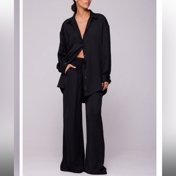 RESA Tops - Black Silky Long Sleeve Button Down Blouse + Wide Leg Pants Set